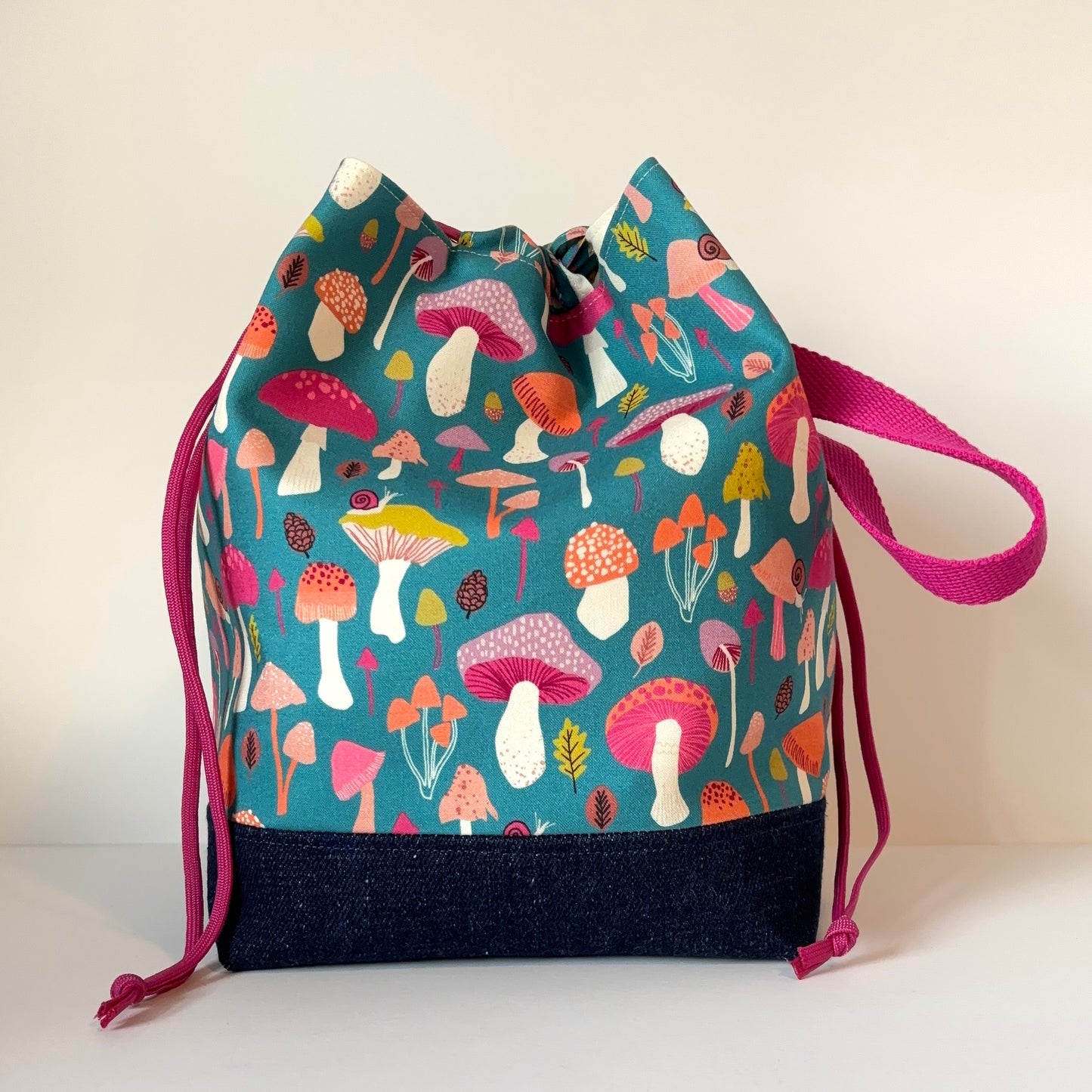 project bag with mushrooms on teal, denim bottom