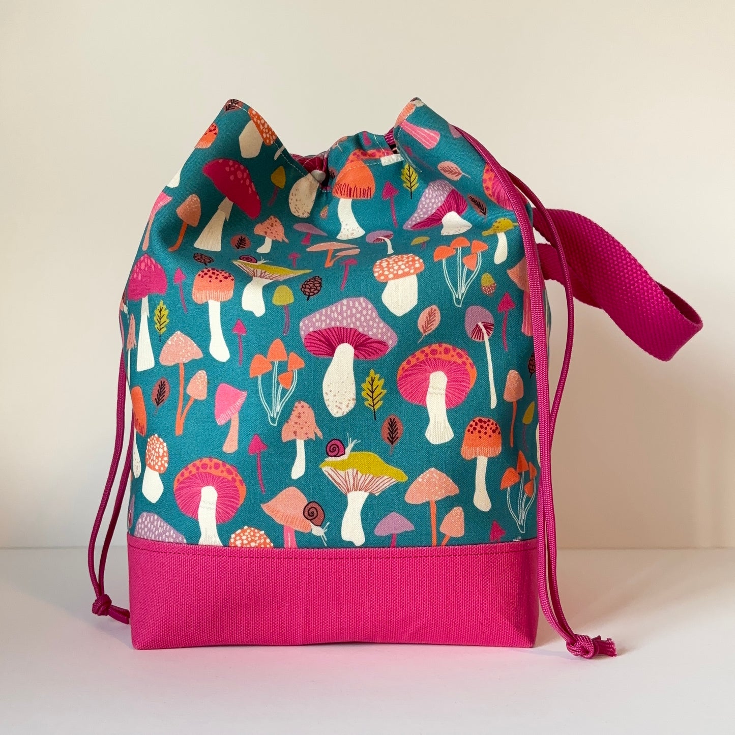 project bag, teal mushrooms with magenta canvas
