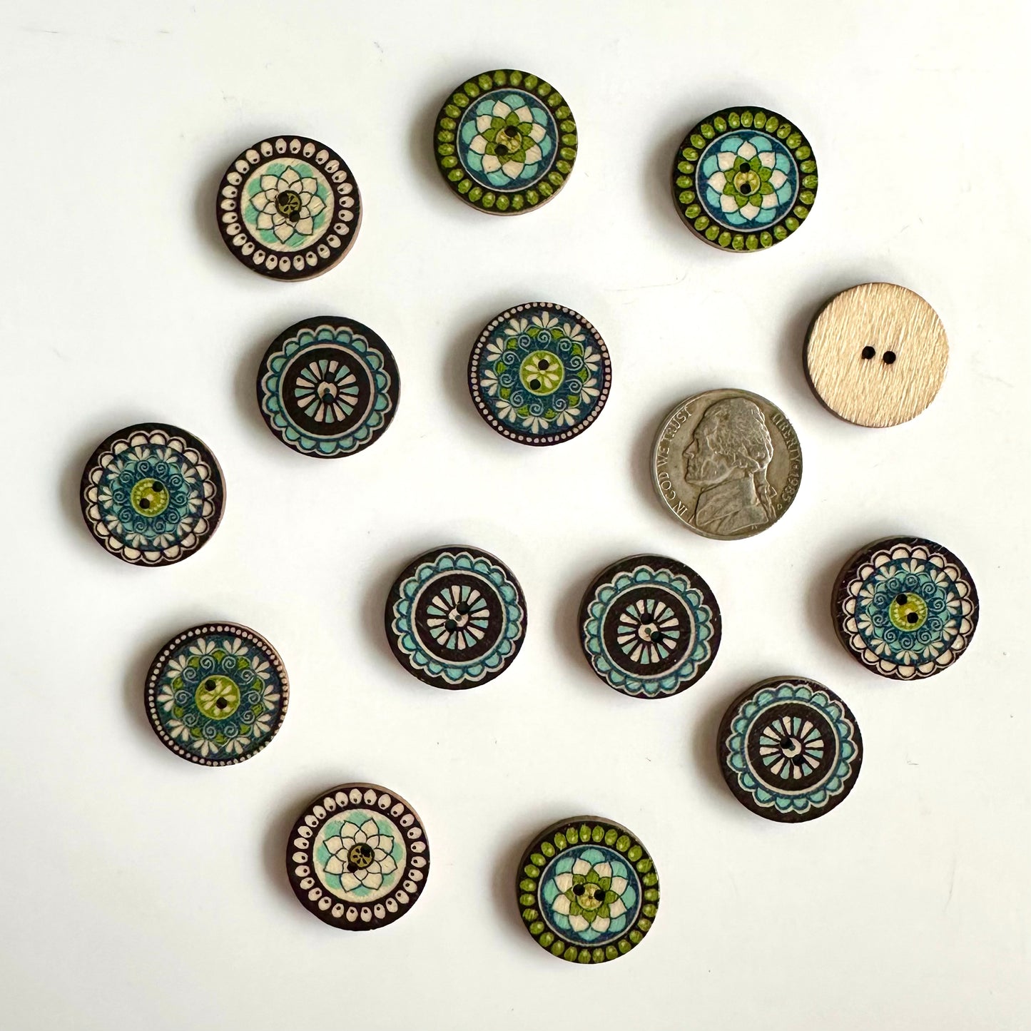 Painted & Etched Wood Buttons - 7/8 inch and under