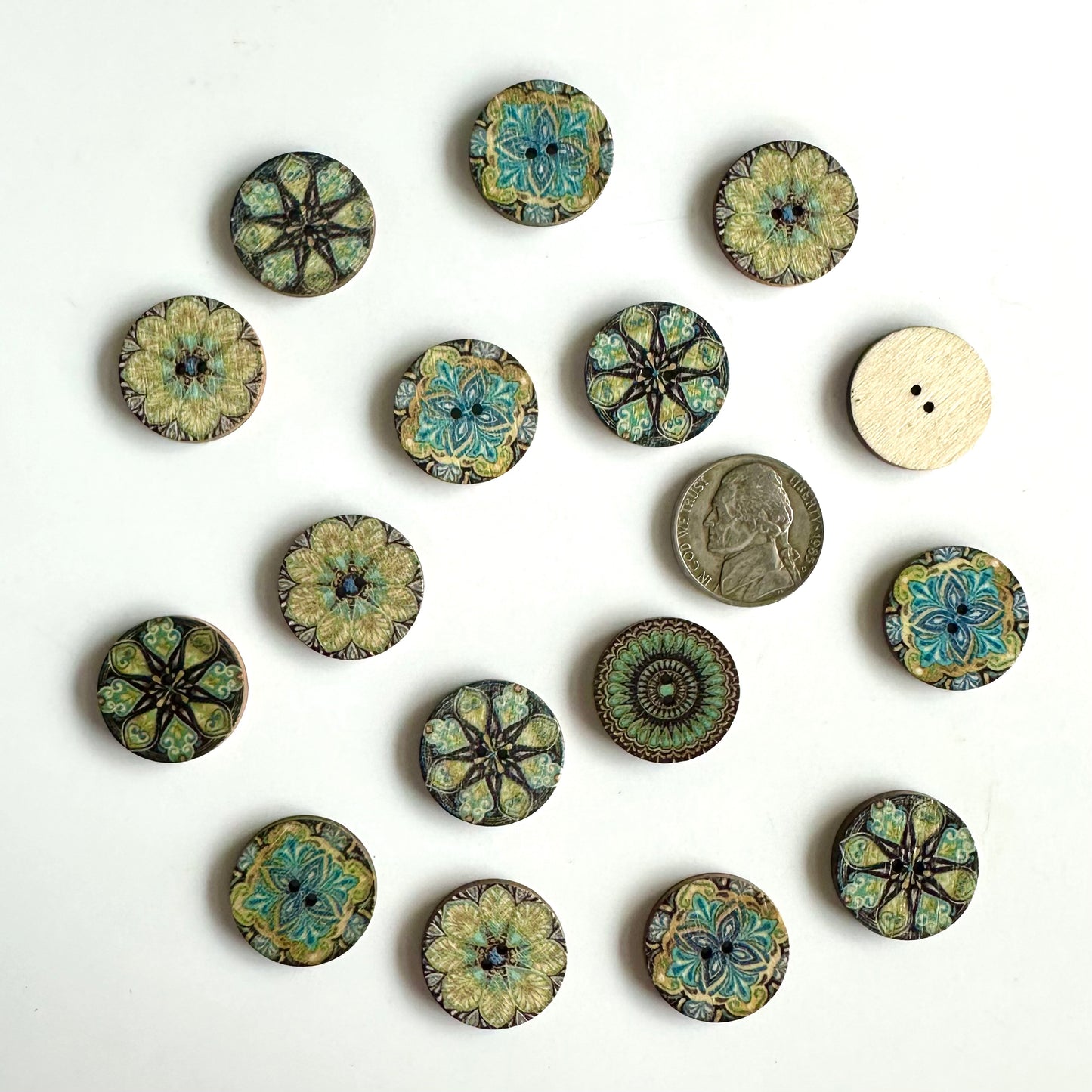 Painted & Etched Wood Buttons - 7/8 inch and under