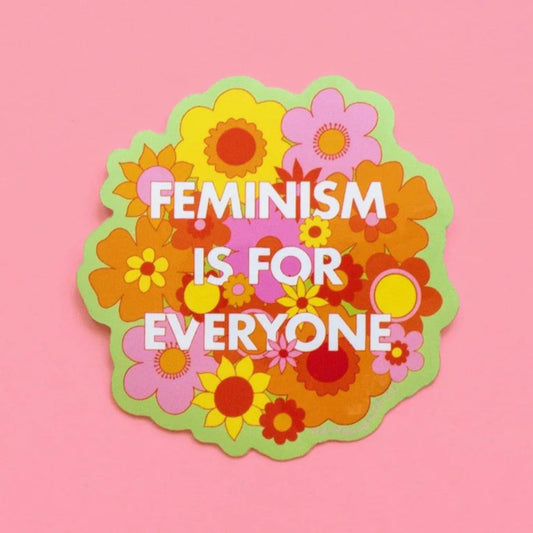 Colorful floral design with 'Feminism is for Everyone' text on a pink background